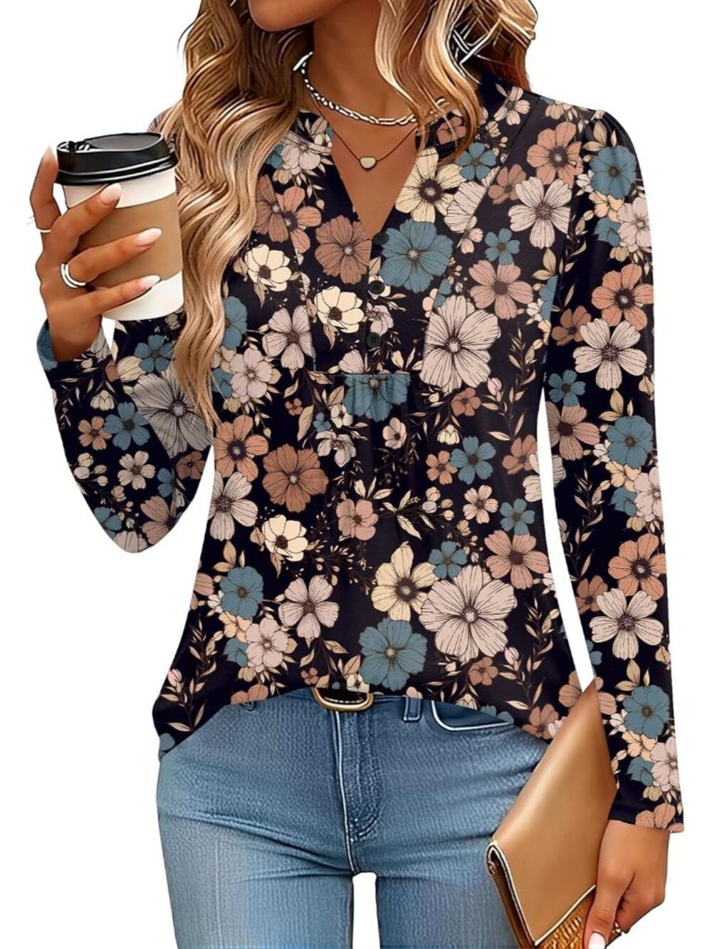 Women's Black Colourfu Floral Long Sleeve Shirts V-Neck Casual Pleated Fall Tops